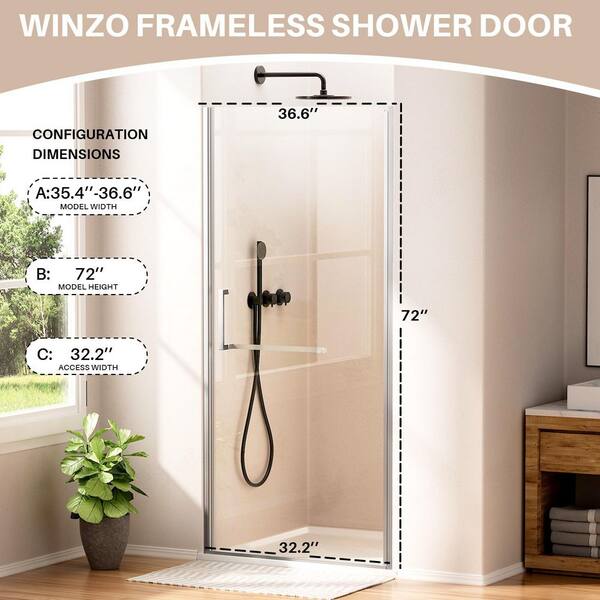 Yingze 36 in. W x 72 in. H Pivot Frameless Shower Door in Brushed