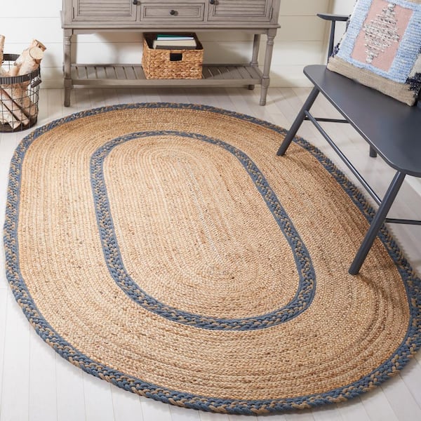 Natural Fiber 7 ft. x 9 ft. Oval Natural/Gray Border Woven Area Rug