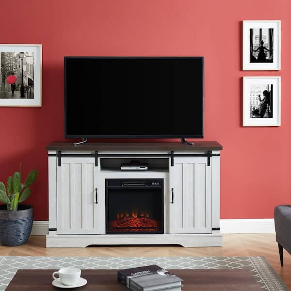 Edyo Living 54 In Freestanding Media Console Electric Fireplace Tv Stand With Sliding Barn Door Stone Gray Cytvs16 Whi Sliding Barn Door, Farmhouse Sliding Barn Door Tv Stand With Fireplace