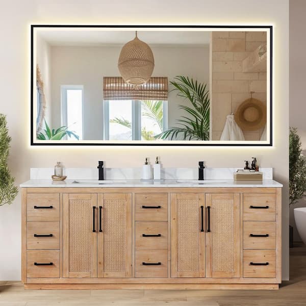Floral 84 in. W x 22 in. D x 33 in. H Double Sink Bath Vanity in Ligth Brown with White Quartz Countertop and Mirror