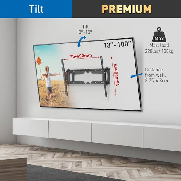 Barkan 32" to 90" Tilt Flat / Curved TV Wall Mount, Black, Auto Locking Patent, Touch & Tilt, Bubble Level Included
