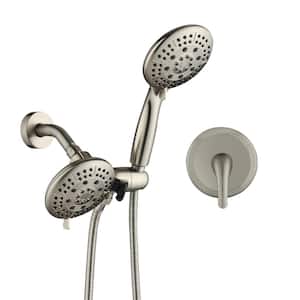 1-Handle 6-Spray Patterns 5 in. Wall mount Round Dual Shower Heads with Shower Hand in Brushed Nickel (Valve Included)