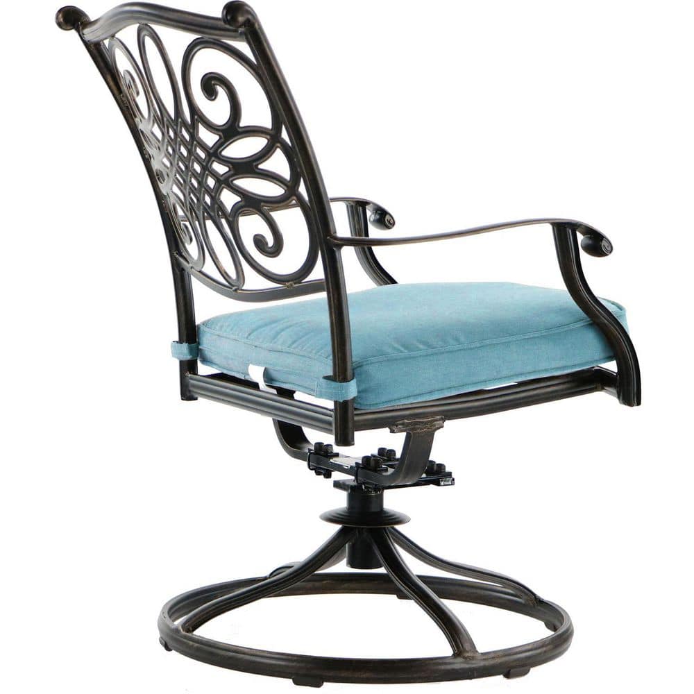 Bronze Cast Aluminum Round Outdoor Dining Set with Blue Cushions