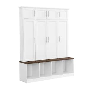 White Multi-Functional Hall Tree Entryway Cabinet with 4-Hidden Hanging Hooks and Brown Wood Grain Bench