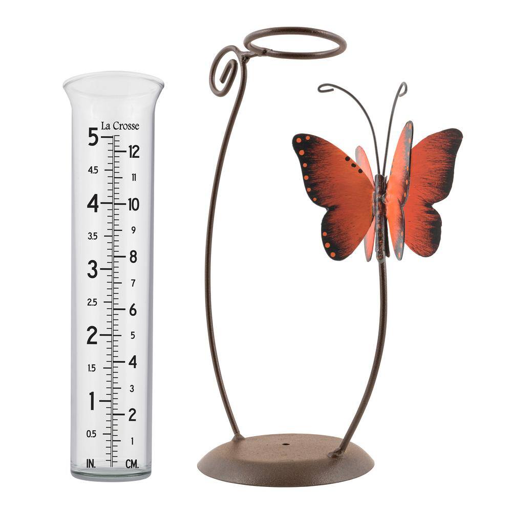 Handcrafted Glass Rain Gauge with Orange Butterfly and Metal Stand