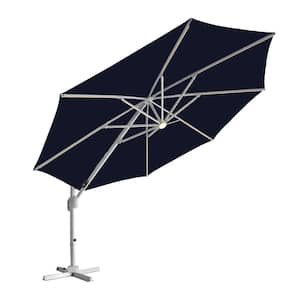 12 ft. Aluminum Patio Offset Umbrella Cantilever Umbrella, Center light And Strip Lights in Navy Blue