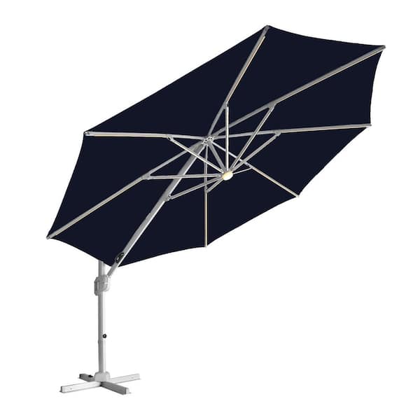 PASAMIC 12 ft. Aluminum Patio Offset Umbrella Cantilever Umbrella, Center light And Strip Lights in Navy Blue