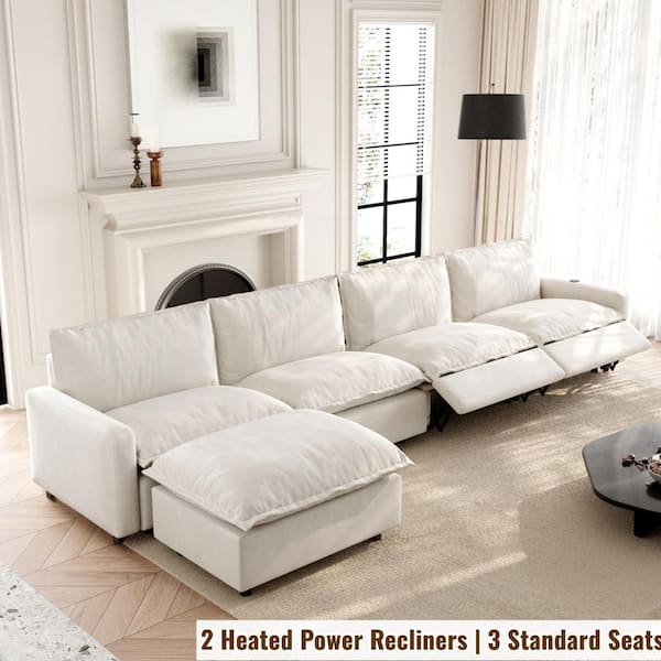 149 in. Electric Modular Reclining Sectional Sofa, Square Arm Linen 5-Pieces Sofa with Ottomans, Heat, USB Port in Beige