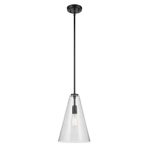 Everly 10.25 in. 1-Light Black Modern Shaded Cone Kitchen Hanging Pendant Light with Clear Seeded Glass