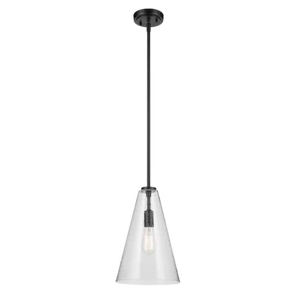 KICHLER Everly 10.25 in. 1-Light Black Modern Shaded Cone Kitchen Hanging Pendant Light with Clear Seeded Glass