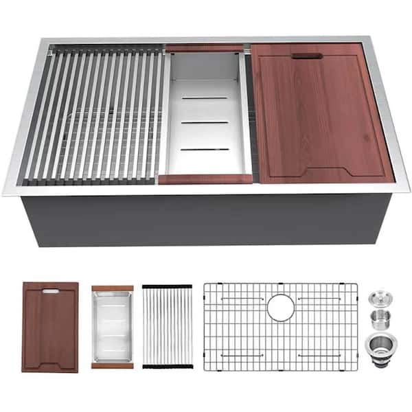 30 in. Single Bowl Undermount Kitchen Sink Ledge Workstation Stainless Steel Sink