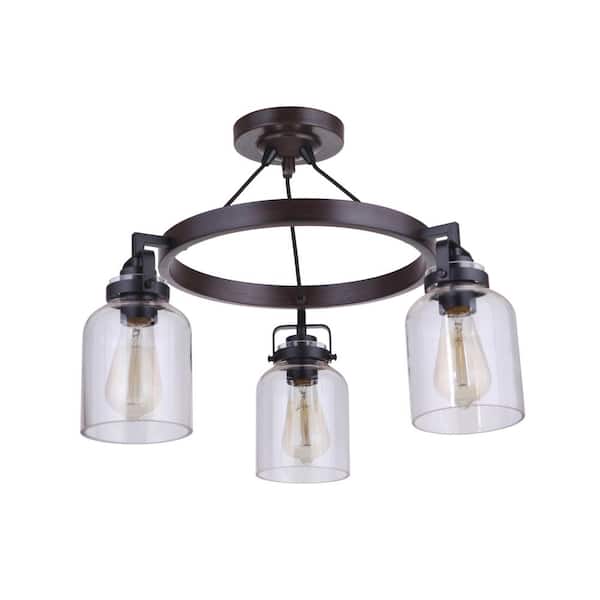 CRAFTMADE Foxwood 21.75 in. 3-Light Flat Black/Dark Teak Convertible Semi-Flush Mount with Clear Glass Shade and No Bulbs Included
