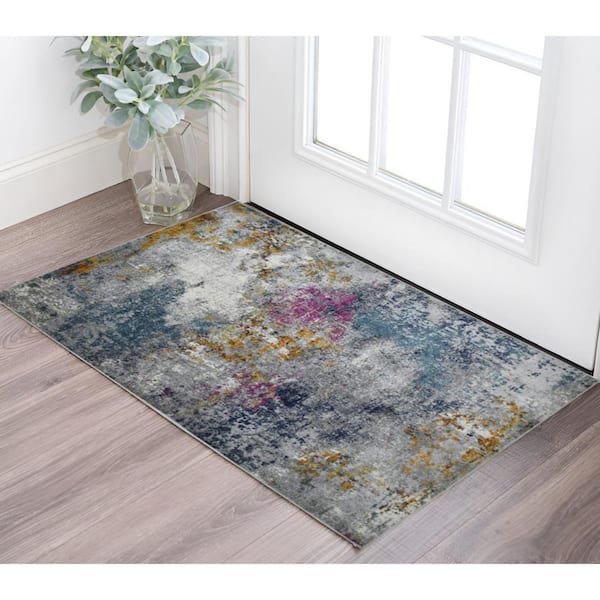 3 ft. x 5 ft. Blue Gray And Purple Abstract Distressed Area Rug