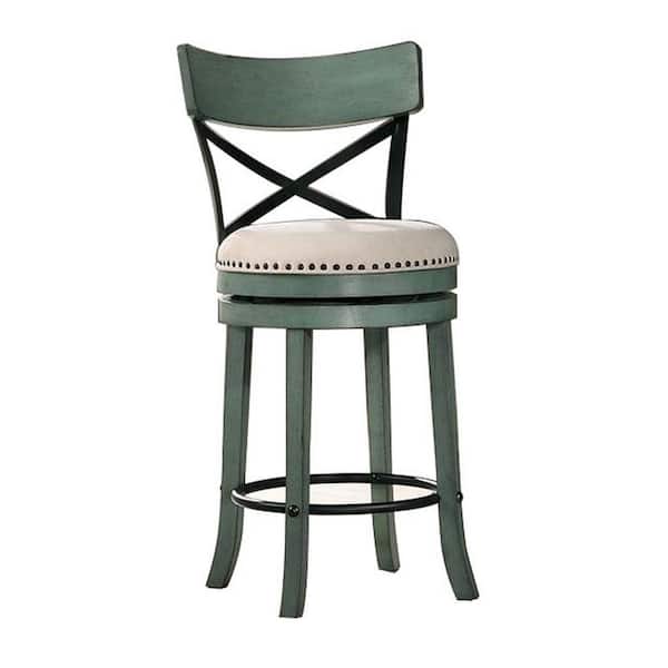 Benjara 34.75 in. Green, Black and Beige High Back Wooden Frame Counter Stool with Fabric Seat