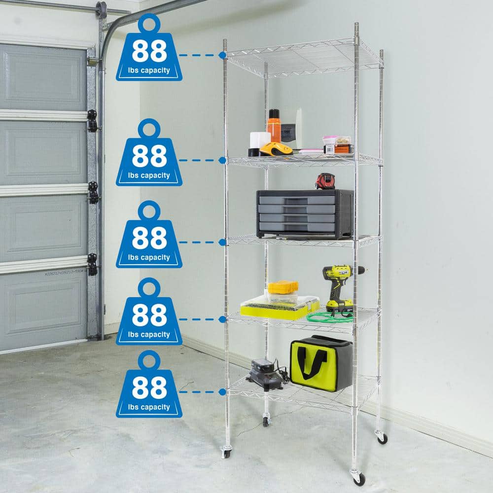 Adjustable 5-Tier Gray Metal Utility Shelf Rack with Wheels