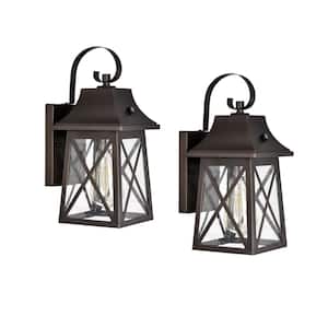13.25 in. Oil Rubbed Bronze Outdoor E26 Motion Sensing Wall Sconce with Clear Seeded Glass Shade (Set of 2)
