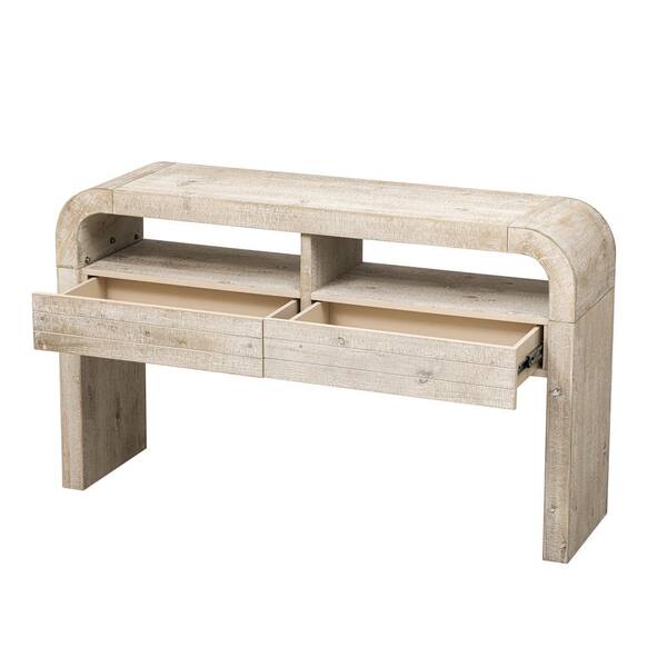 52 in. Natural Wood Console Table with Shelves & Drawers