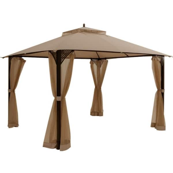 Kadehome 12 ft. x 10 ft. Brown Grill Gazebo for Outdoor Patio Metal with Mosquito Netting and 2-Tier Canopy Roof