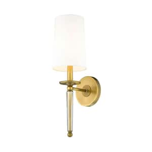 1-Light Rubbed Brass Wall Sconce with White Glass