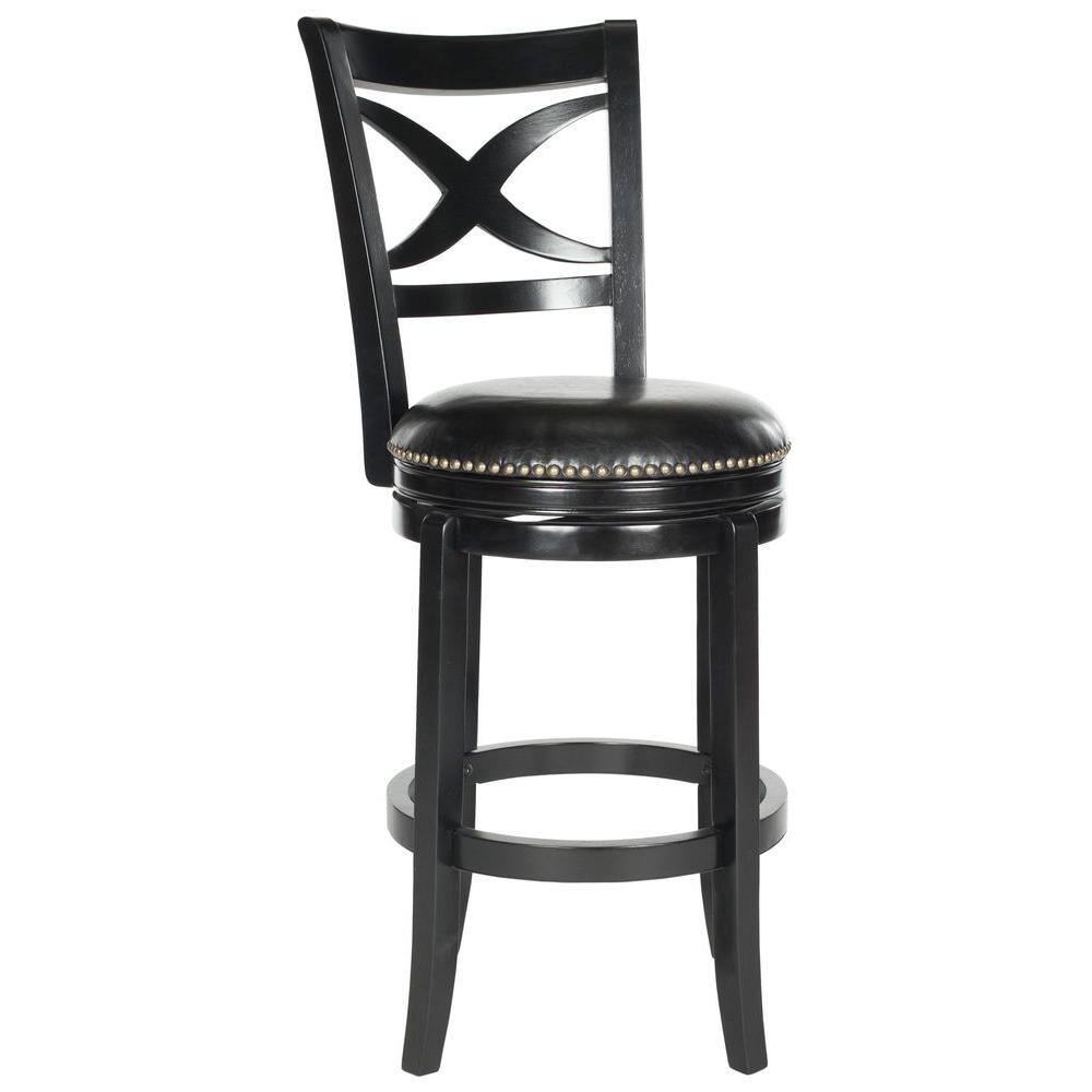 Black Leather and Wood Swivel Bar Stool with Nailhead Trim