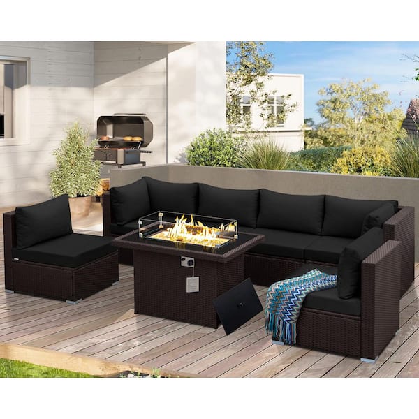 FINCATI 7 Pieces Luxury Espresso Wicker Patio Fire Pit Conversation Sectional Deep Seating Sofa Set with Black Cushions