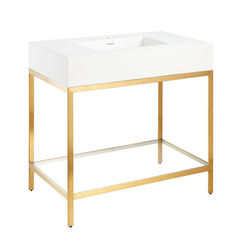 Brushed Gold and White Glass Console Sink with Resin Counter