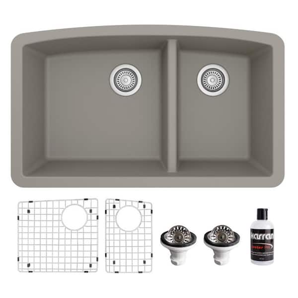 QU-711 Quartz/Granite 32 in. Double Bowl 60/40 Undermount Kitchen Sink in Concrete with Bottom Grid and Strainer