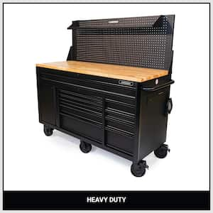 61 in. W x 26 in. D Heavy Duty 10-Drawer 1-Door Mobile Workbench with Hardwood Top, Pegboard and Shelf in Matte Black