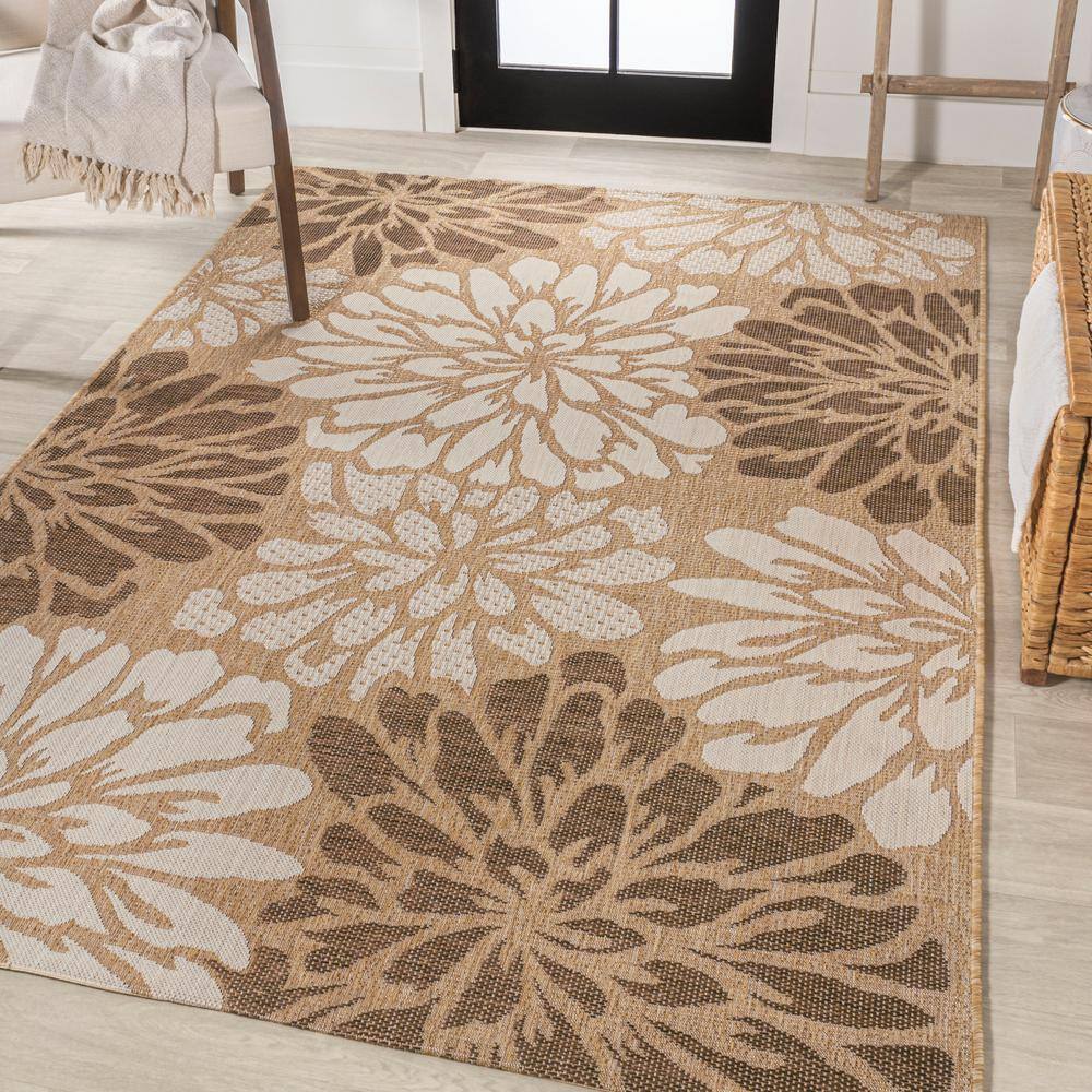 Brown and Cream Floral Synthetic Rectangular Area Rug, 5'3" x 7'7"