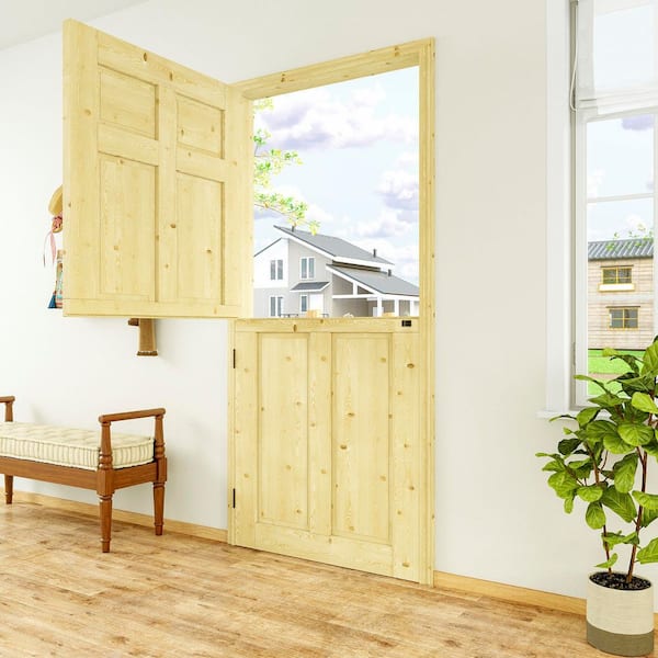 36 in. x 80 in. Solid Pine Universal Paneled 6-Lite Unfinished Pine Wood Front Door Slab-Dutch Door Design