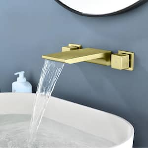 Ami Double Handle Wall-Mount Roman Waterfall Tub Faucet in Brushed Gold