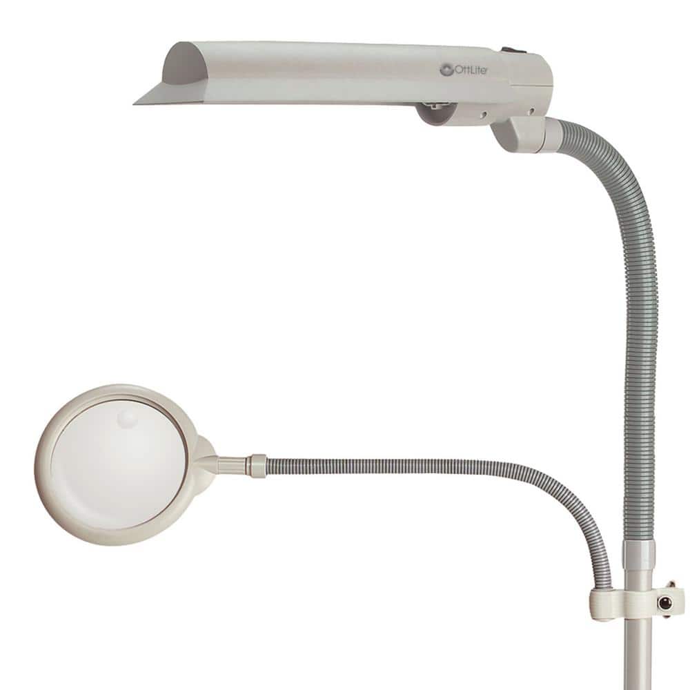 Adjustable Arc Silver Floor Lamp with 3X Magnifier and Flexible Neck