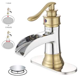 Waterfall Single Handle Single Hole Low-Arc Bathroom Faucet Bathroom Drip-Free Vanity Sink Faucet in Chrome and Gold
