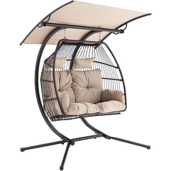 Cleo Patio Hanging Egg Chair, Wicker Hammock with Soft Seat Cushions &  Swing Stand, Indoor/Outdoor Natural Frame-Cream Cushions  [FLF-SDA-AD608001-NAT-GG] 