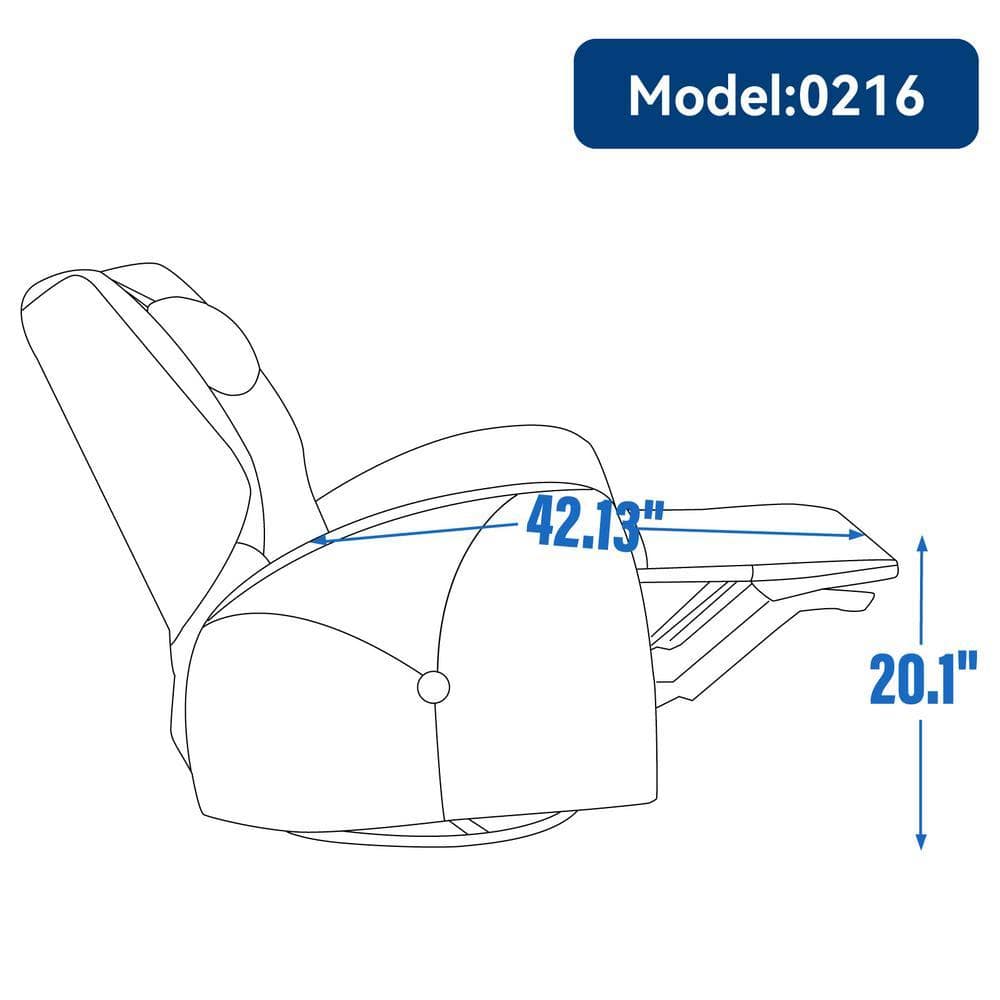 Dimension diagram showing the reclined length of the blue chair.
