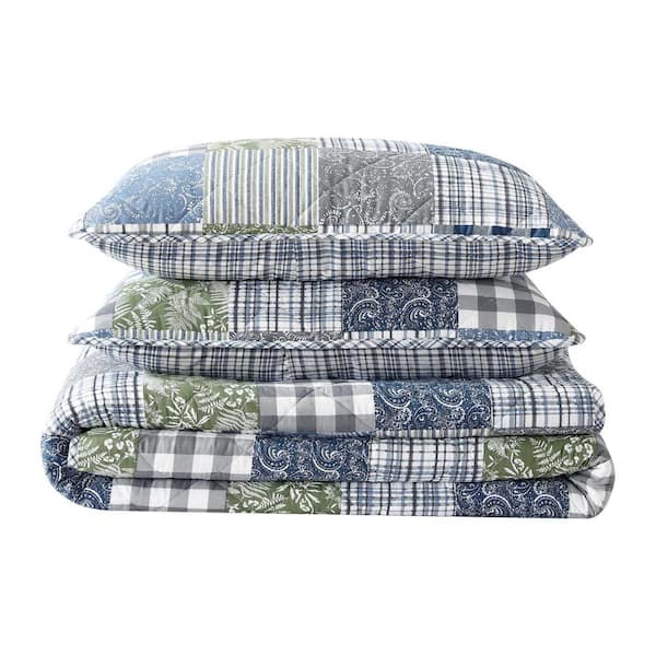 Cozy Plaid Patchwork Blue 3-Piece Full/Queen Cotton Quilt-Sham Set