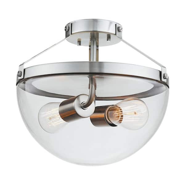 Globe Electric Belsize 2-Light Brushed Steel Semi-Flush Mount Ceiling Light with Clear Glass Shade