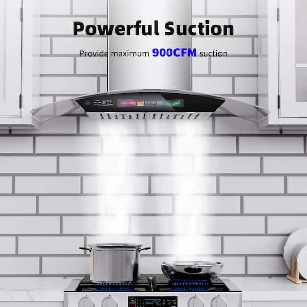 30 in. Wall Mount Ducted Stainless Steel Range Hood Tempered Glass 900 CFM in Silver with 4-Speed Exhaust Fan Lights