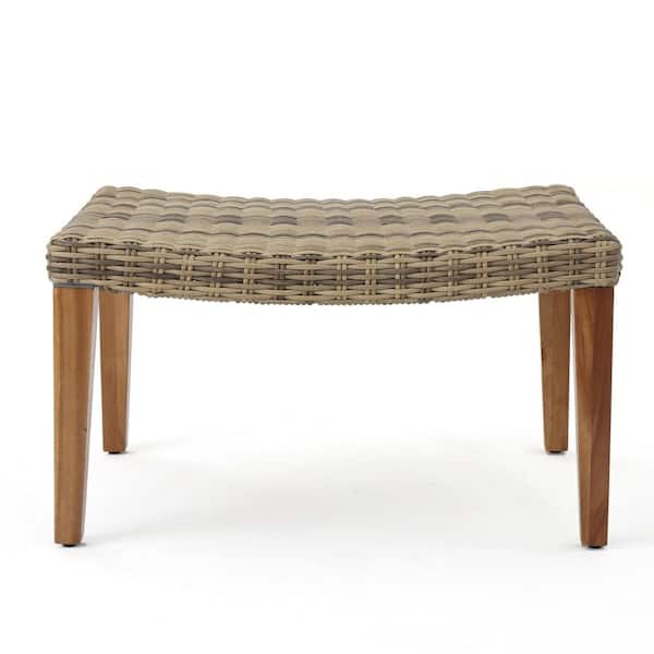 Natural and Grey Acacia Wood and Wicker Outdoor Ottoman with Woven Seat Wicker Seat (1-Pack)