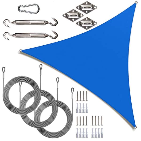24 ft. x 24 ft. x 24 ft. Blue Equilateral Triangle Sun Shade Sail Screen Canopy with Installation Hardware Kit and Rope