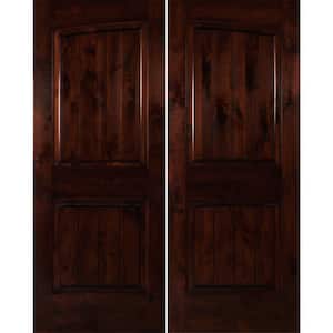 72 in. x 80 in. Rustic Knotty Alder Common Arch Red Mahogony Stain/V-Groove Left-Hand Wood Double Prehung Front Door