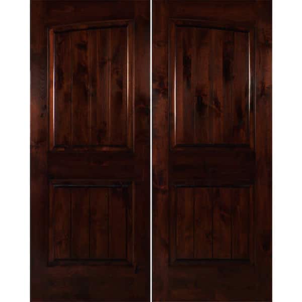Krosswood Doors 72 in. x 80 in. Rustic Knotty Alder Common Arch Red Mahogony Stain/V-Groove Right-Hand Wood Double Prehung Front Door