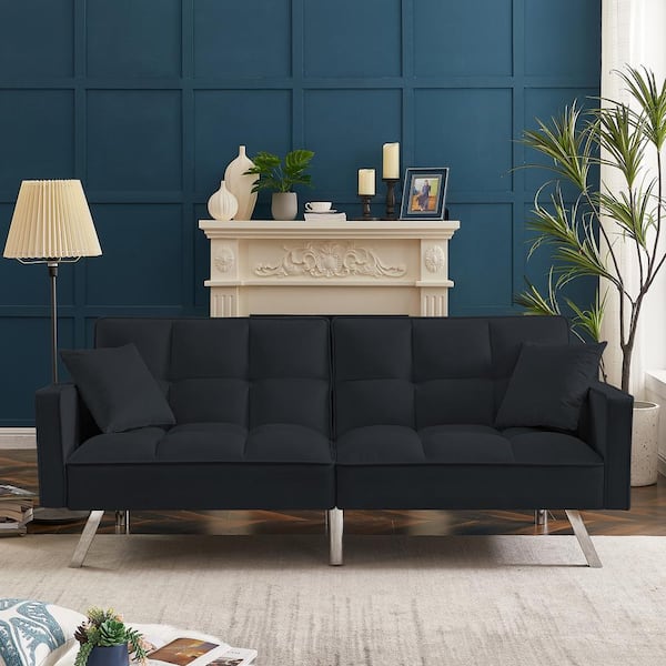 Seafuloy 74.4 in. Black Velvet 2-Seats Sofa Bed with Armrests and 2-Pillows