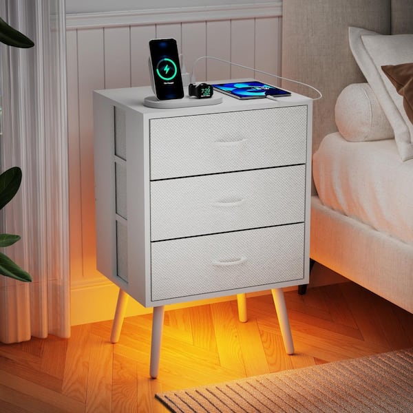 White 2-Piece Modern Nightstand w/ Charging Station and LED Light, 3 Fabric Drawer Per Nightstand,End Table for Bedroom