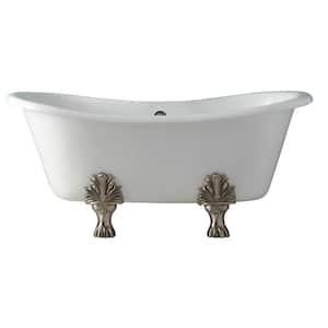 Markus 66 in. Cast Iron Double Slipper Clawfoot Non-Whirlpool Bathtub in White with 7 in. Faucet Holes and Bisque Feet