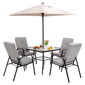 6-Piece Metal Patio Outdoor Dining Set, Stackable Dining Chair with Grey Cushion, Dining Table with Beige Umbrella