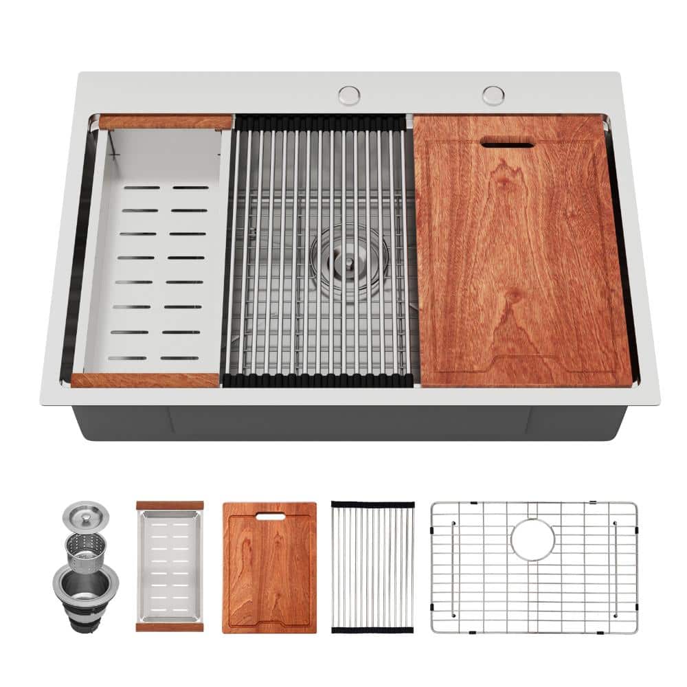 33 in. Drop In/Topmount Single Bowl 16 Gauge Stainless Steel Workstation Kitchen Sink with Bottom Grid and Accessories