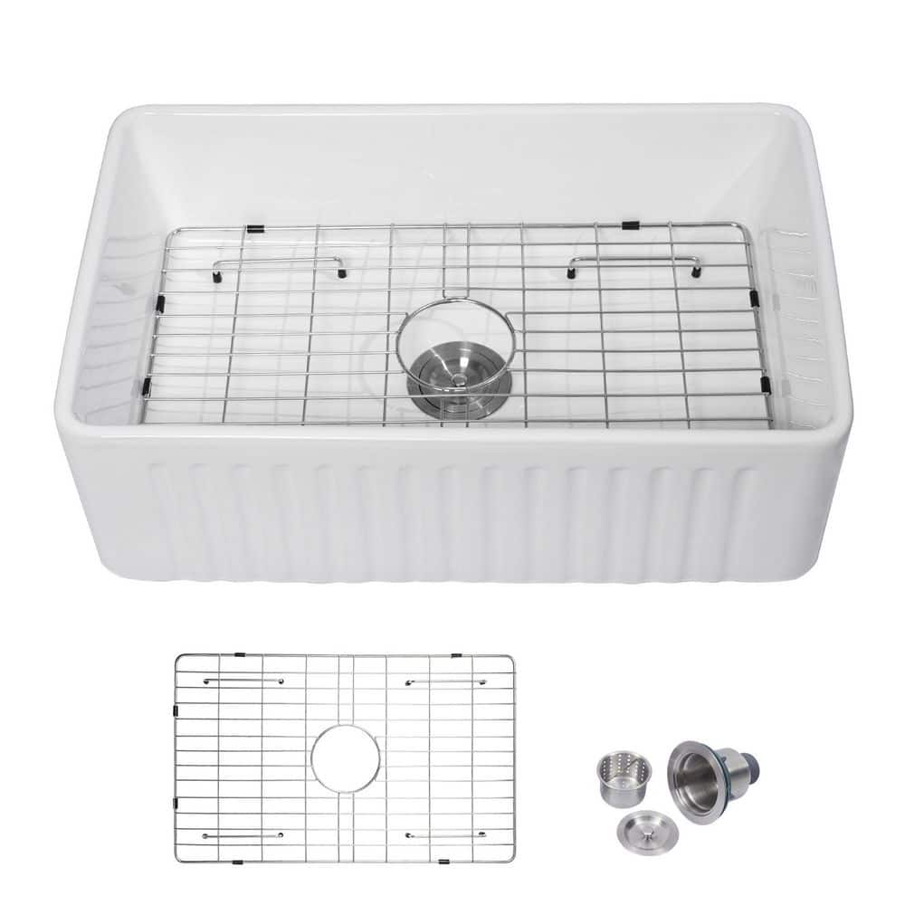 Ceramic 30 in. Single Bowl Round Corner Farmhouse Apron Kitchen Sink with  Sink Grid and Basket Strainer AL-3018RW-1 The Home Depot