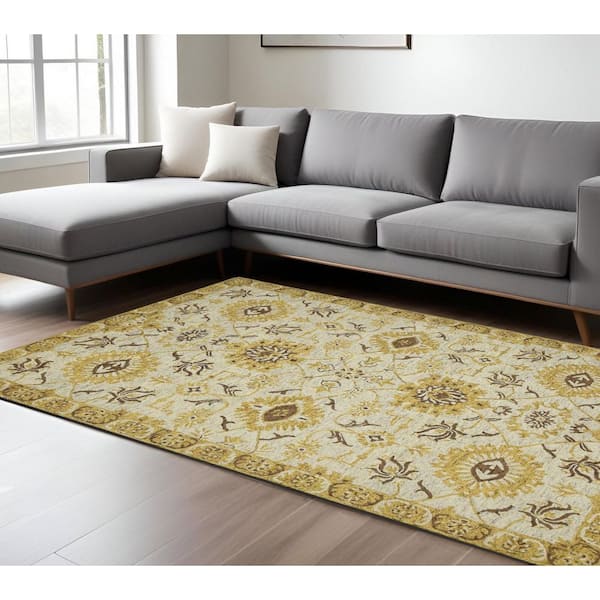 8 ft. x 10 ft. Gold Beige and Brown Wool Floral Medallion Hand Hooked Area Rug