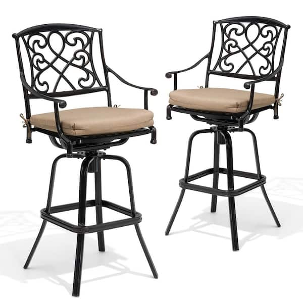 Antique Swivel Cast Aluminum Outdoor Bar Stool with Sunbrella Beige Cushion (2-Pack)
